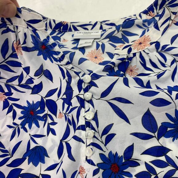 Liz Claiborne Woman Sz 3XL Bright Blue Floral White Semi Sheer Short Slv Blouse - Picture 8 of 9